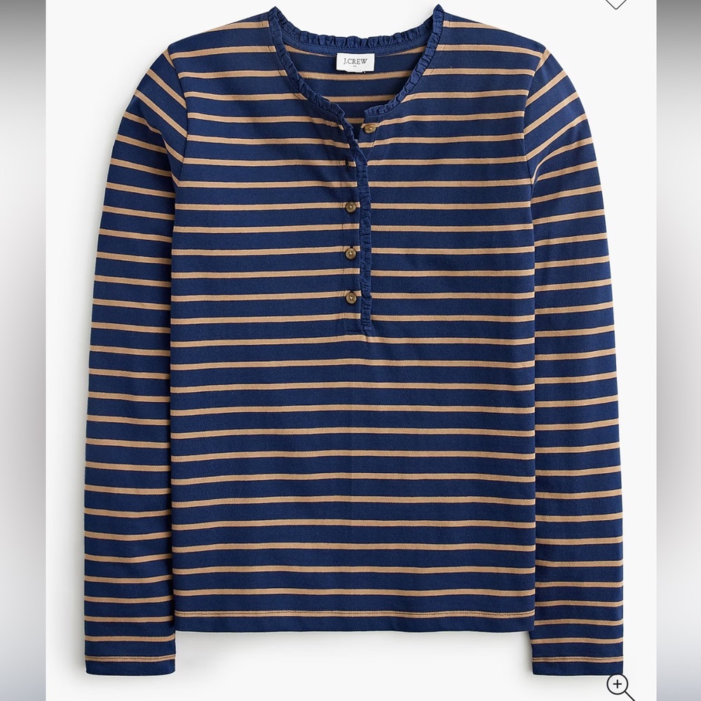 J-Crew Striped Ruffle Collar Henley - Navy and Camel